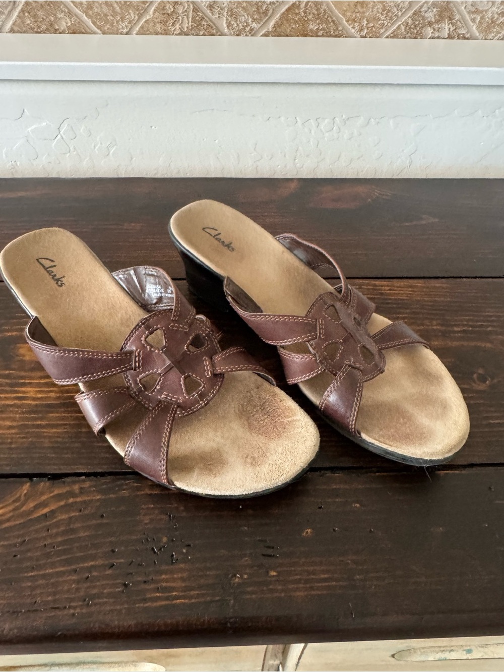 Clarks Brown Leather Cutout Wedge Slide Sandals